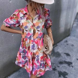 Blush print puff sleeve smock dress